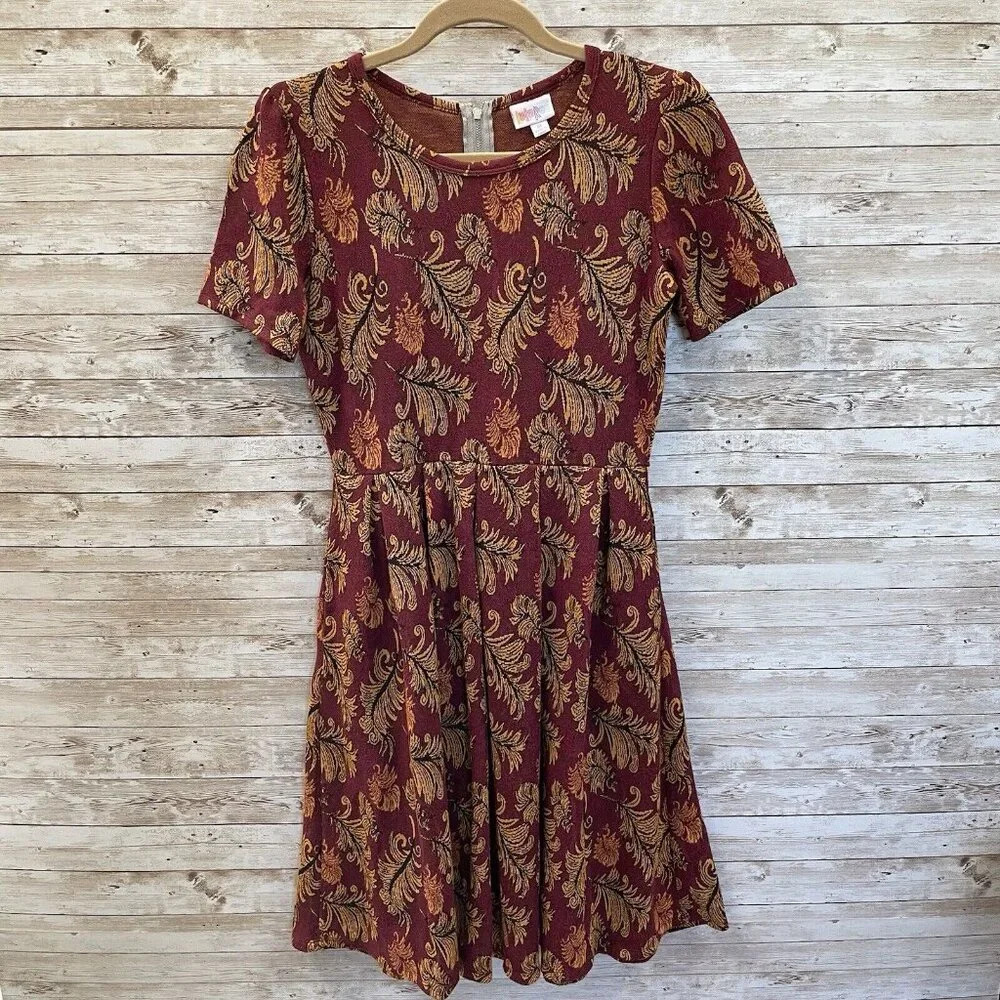 LulaRoe Womens M Dress‎ NWT Amelia Holiday Fall Feathers w/ Pockets Zipper